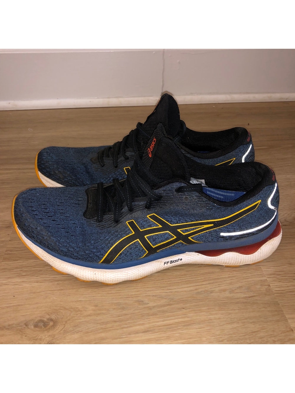 ASICS GEL NIMBUS 24 AZURE AMBER BLUE RUNNING SNEAKERS SHOES WHITE GOLD MENS 10